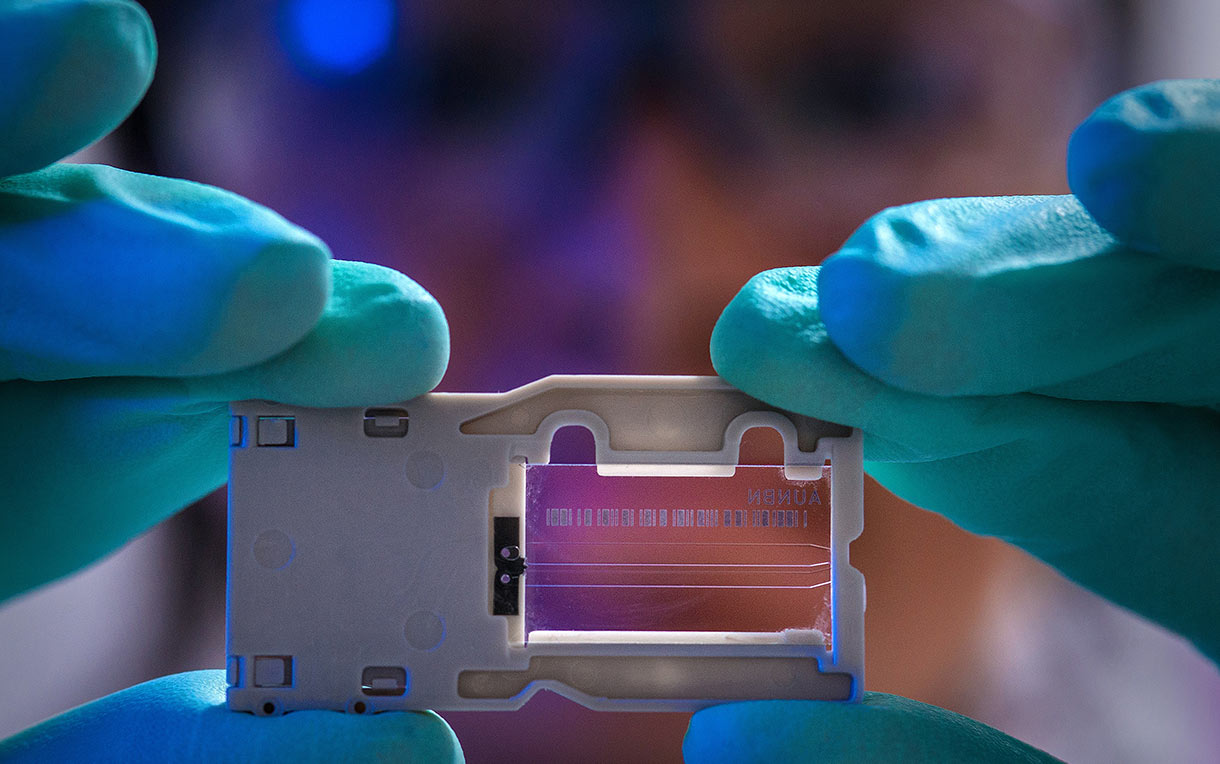 A scientist holding up a glass slide used for a sequencing machine.