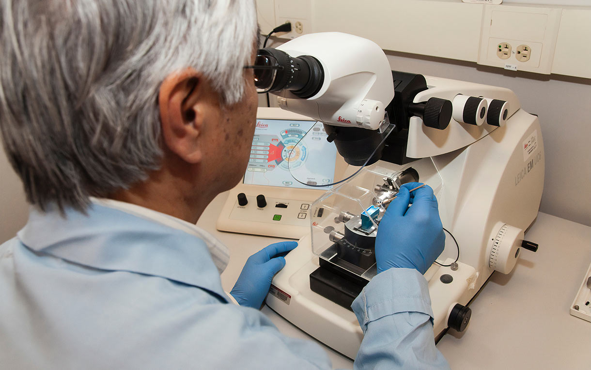 A lab technician using a microtome.