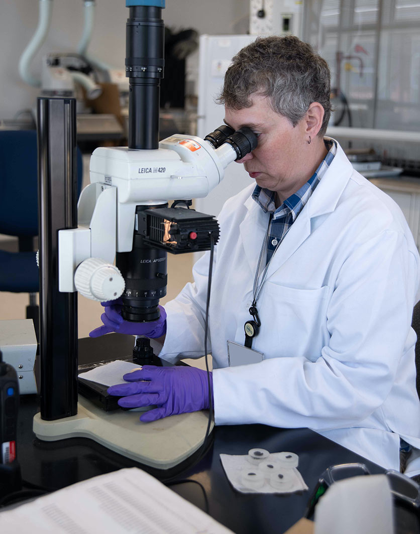 A lab technician looking through a microscope.